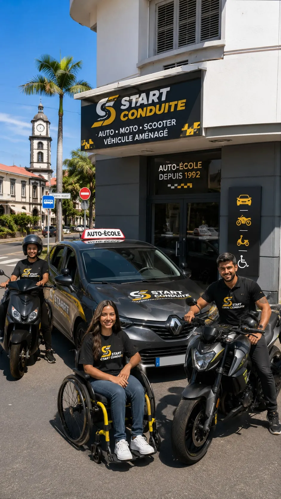 L’équipe de Start Conduite devant l’auto-école, avec la voiture, la moto et le scooter de l’établissement
