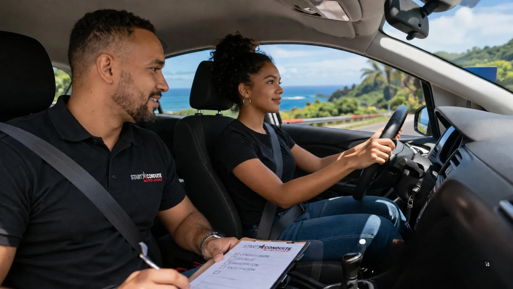 Élève au volant pendant une leçon de conduite, son enseignant à côté, sur une route côtière de La Réunion