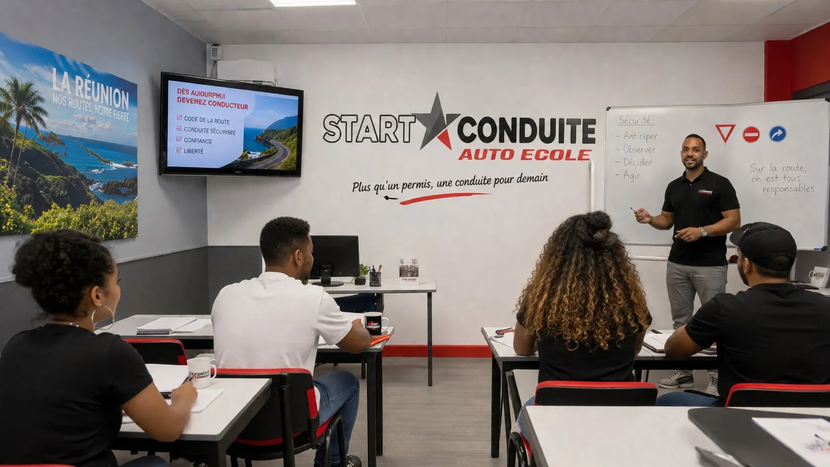 Cours de code collectif dans la salle de l’auto-école Start Conduite à Saint-Denis