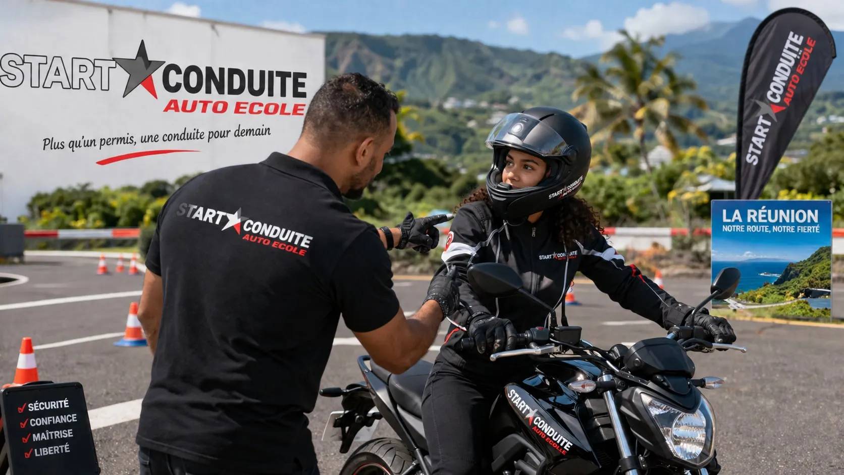 Enseignant moto et élève en équipement complet sur l’aire de plateau, devant les montagnes de La Réunion
