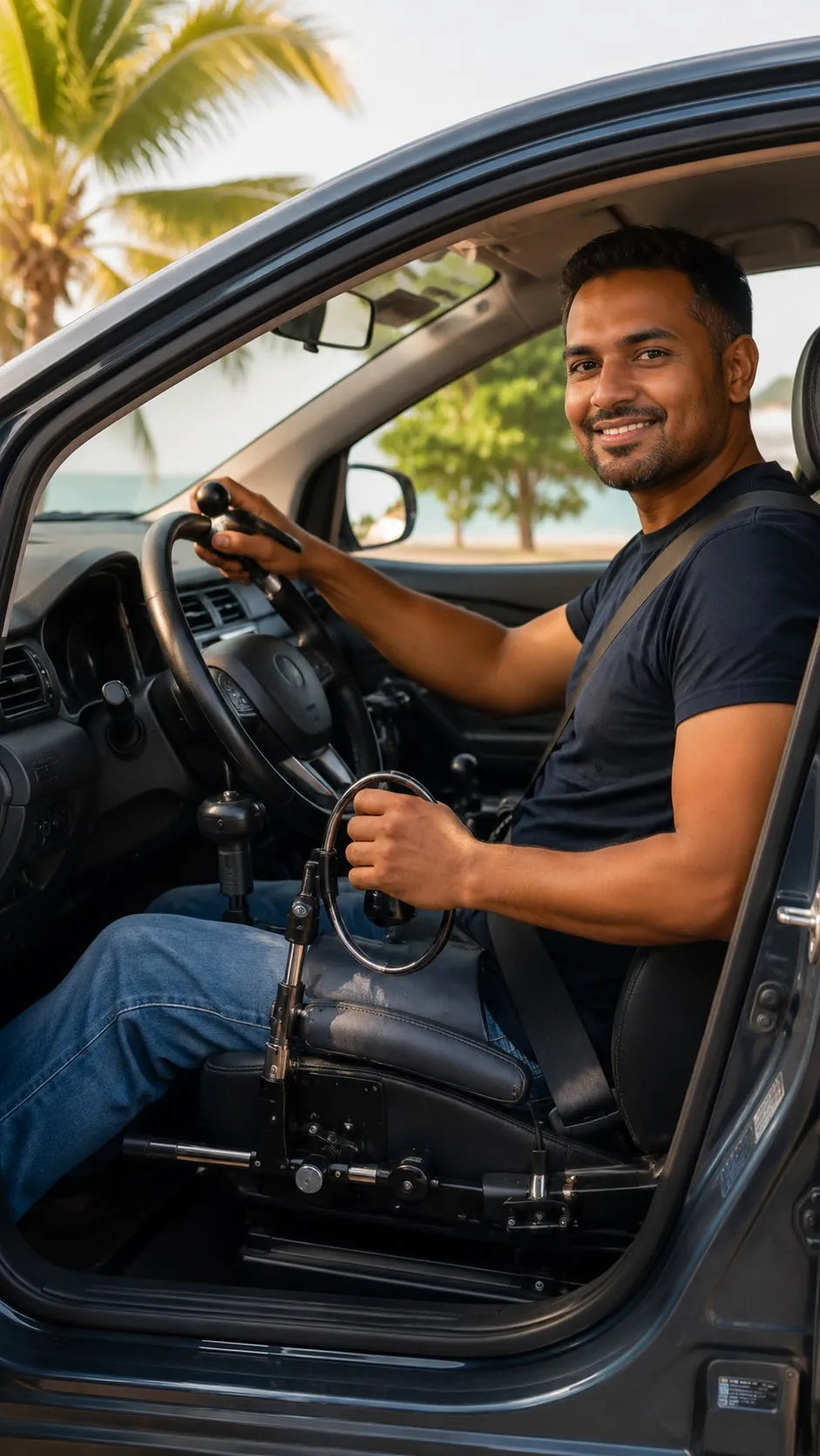 Conducteur au volant d’un véhicule à commandes adaptées : boule de conduite sur le volant et cerceau accélérateur